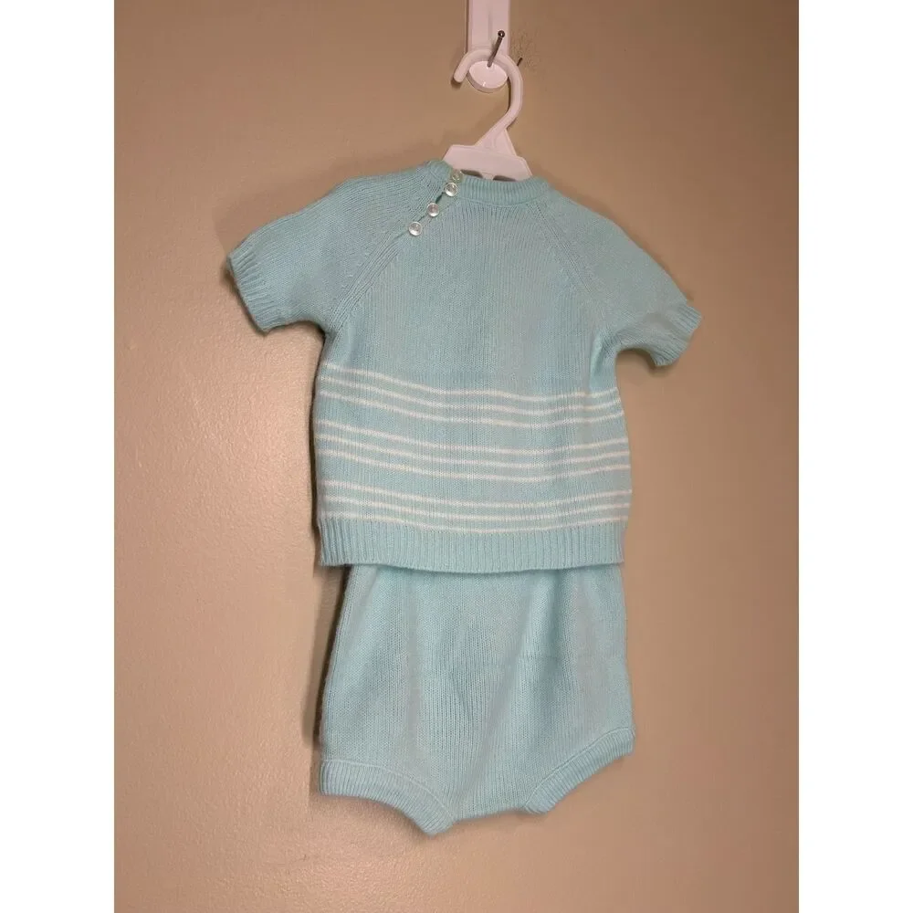 Vintage Heirloom Renro Italian Baby Blue Short Sleeve Knit Top w/Bloomers Medium